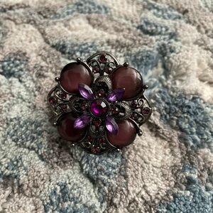 Purple and Silver Floral Stretchable Ring with Gemstone Center